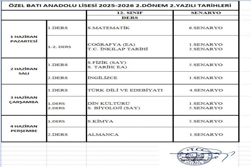 2025-2026 II.DÖNEM II.YAZILI SINAV TARİHLERİ VE SENARYOLARI